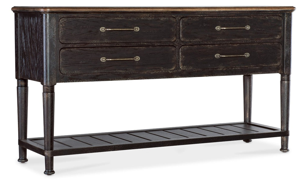 Hooker Furniture Americana Server With Rustic Oak Veneer, Carved Legs, Felt-Lined Drawers & Planked Shelf For Display Blacks 7050-75917-89