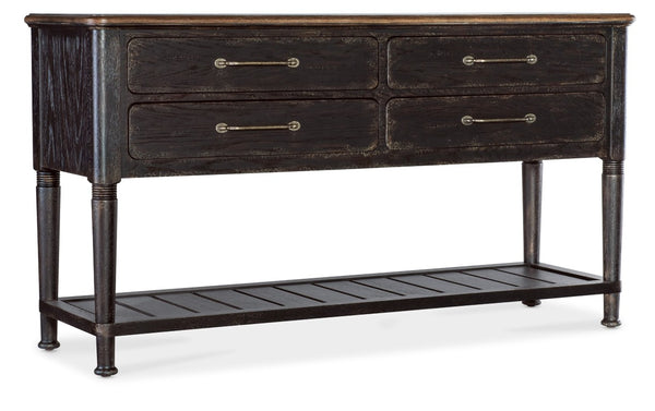 Hooker Furniture Americana Server With Rustic Oak Veneer, Carved Legs, Felt-Lined Drawers & Planked Shelf For Display Blacks 7050-75917-89