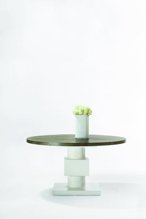 Bernhardt Bernhardt Newberry Round Dining Table With Rustic Gray Oak Top And White Plaster Sculptural Pedestal K1259
