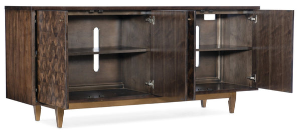Hooker Furniture Melange Walnut Marquetry Four-Door Credenza With Gold Base, Media-Ready Storage & Brass Knobs 638-85520-85