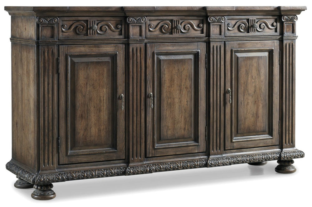 Hooker Furniture Rhapsody Stately 72" Credenza Buffet With Carved Acanthus Base, Distressed Walnut Finish, Storage Dark Brown 5070-85001