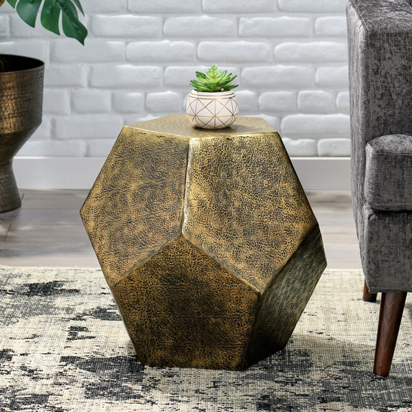 English Elm Hexagonal Handcrafted Aluminum Side Table Sculptural Glam Accent for Modern Living 71297.00