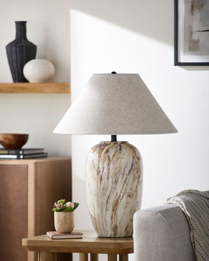 Surya Sanza Ceramic Table Lamp with Linen Shade for Bedroom or Living Room Ambiance SNZ-001