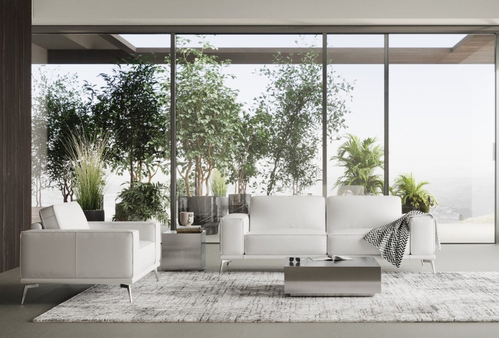 VIG Furniture Soho Italian Leather Sofa In Sissi White — Contemporary 96" Minimalist Design, Exposed Stitching & Stainless Legs VGCCSOHO-WHT-S
