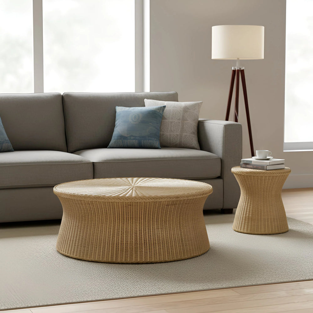 Alpine Furniture Solaris Handwoven Rattan Round Coffee Table Organic Modern Living Room Accent FA-06