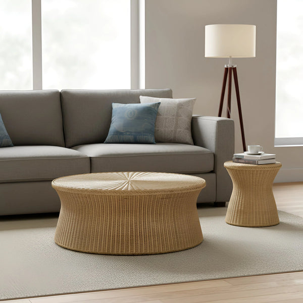 Solaris Handwoven Rattan Round Coffee Table Organic Modern Living Room Accent