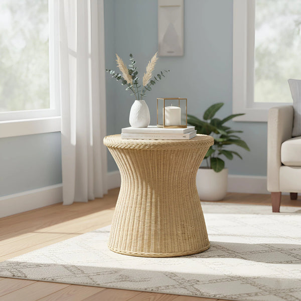 Solaris Handwoven Wicker End Table Rattan Hourglass Accent for Modern Living Rooms
