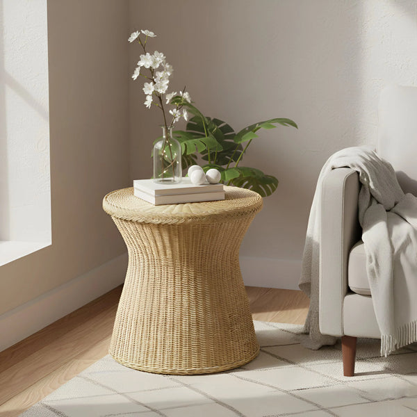 Alpine Furniture Solaris Handwoven Wicker End Table Rattan Hourglass Accent for Modern Living Rooms FA-07