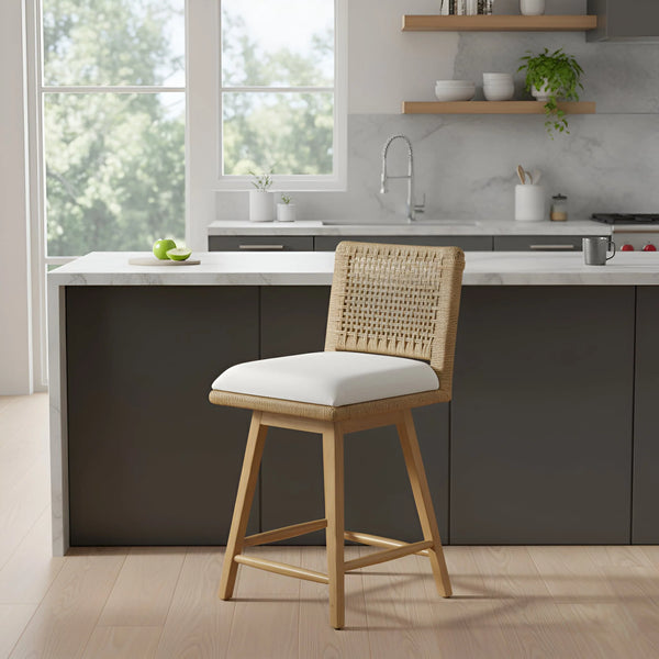 Solterra Swivel Woven Back Counter Stools Set of 2 Coastal Wood Frame Kitchen Island