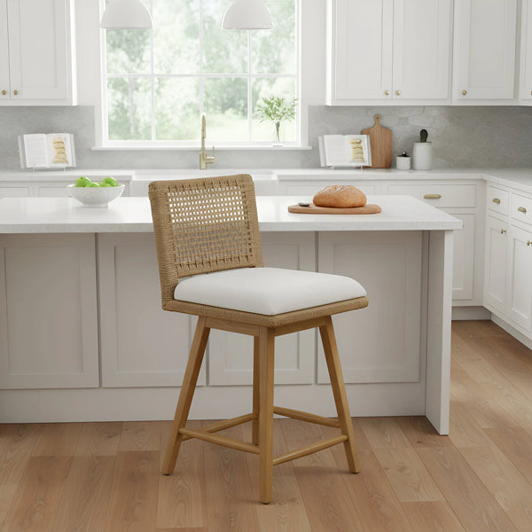 Solterra Swivel Woven Back Counter Stools Set of 2 Coastal Wood Frame Kitchen Island