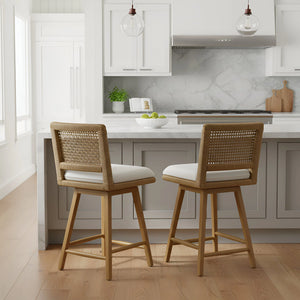 Alpine Furniture Solterra Swivel Woven Back Counter Stools Set of 2 Coastal Wood Frame Kitchen Island FA-12