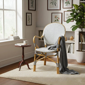 Alpine Furniture Sonora Handwoven Rattan Bistro Dining Chairs Coastal Cafe Style Indoor Outdoor Patio Set Natural Frame with Black & White Weave FA-19