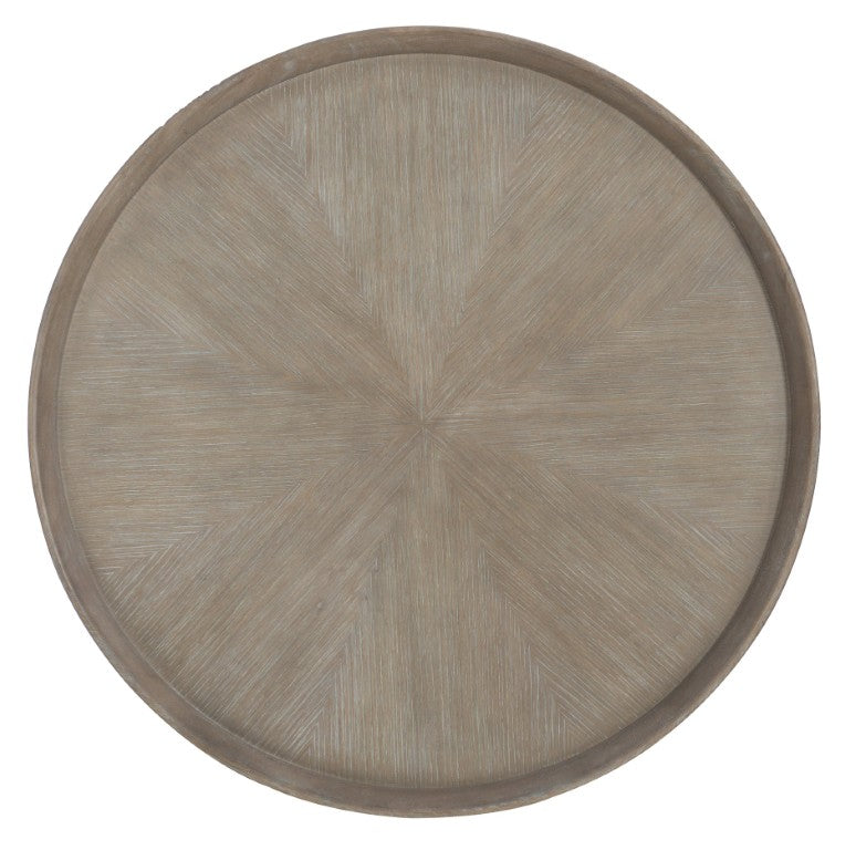 Hooker Furniture Affinity Round Cocktail Table — Wire-Brushed Greige Quartered Oak, Tray-Inset Top, Sculptural Angular Base 6050-80111-GRY