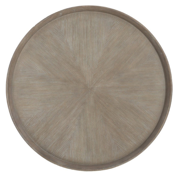 Hooker Furniture Affinity Round Cocktail Table — Wire-Brushed Greige Quartered Oak, Tray-Inset Top, Sculptural Angular Base 6050-80111-GRY