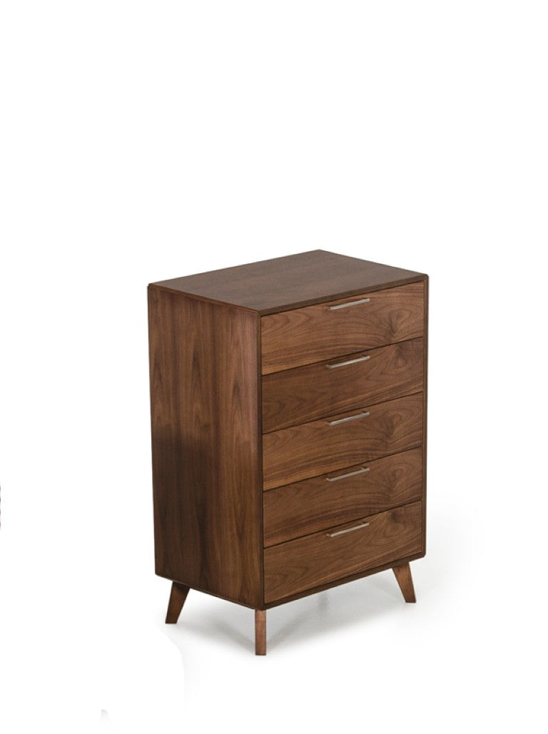 VIG Furniture Soria Mid-Century Walnut Chest With 5 Drawers, Brushed Steel Handles, Walnut Veneer, No Assembly VGMABR-32-CHST