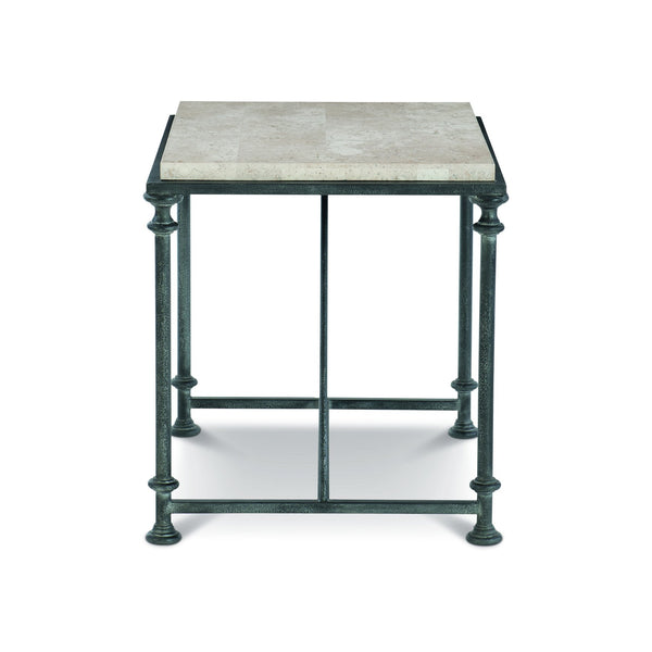 Bernhardt Bernhardt Sculptural Metal End Table With Cream Honed Stone Top And Architectural Column Base Antique Silver / Travertine Stone 22.75"W x 26.75"D x 24"H 537121