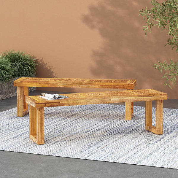 English Elm Nestor Solid Acacia Outdoor Bench Set of Two Slatted Natural Wood Patio Seating 63892.00