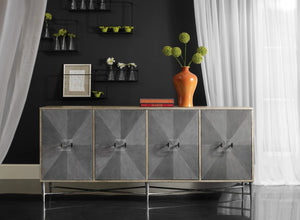 Hooker Furniture Melange Zola Four-Door Credenza With Diamond-Pattern Fronts, Lucite Pulls, Soft-Close Doors, Ventilated Back 638-85316-LTGY