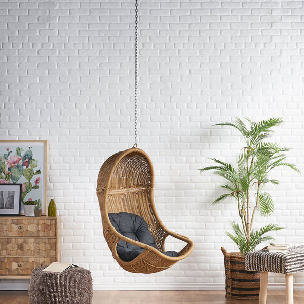 English Elm Christopher Knight Home® - Berkshire Cozy Hanging Chair With 8Ft Chain - Stylish Wicker Design, Plush Cushions & Versatile Use 70842.00BLK
