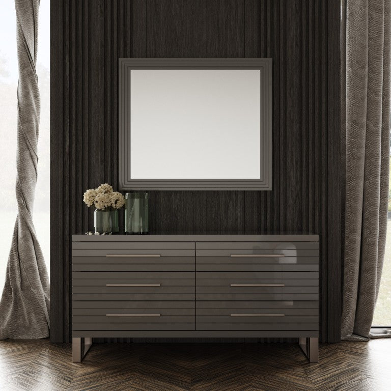 VIG Furniture Splendor Dark Grey High-Gloss Slatted Mirror With Gunmetal Accents — Sleek 41"X35.5" Modern Focal Point VGVCJ20256-M-GRY-MIR
