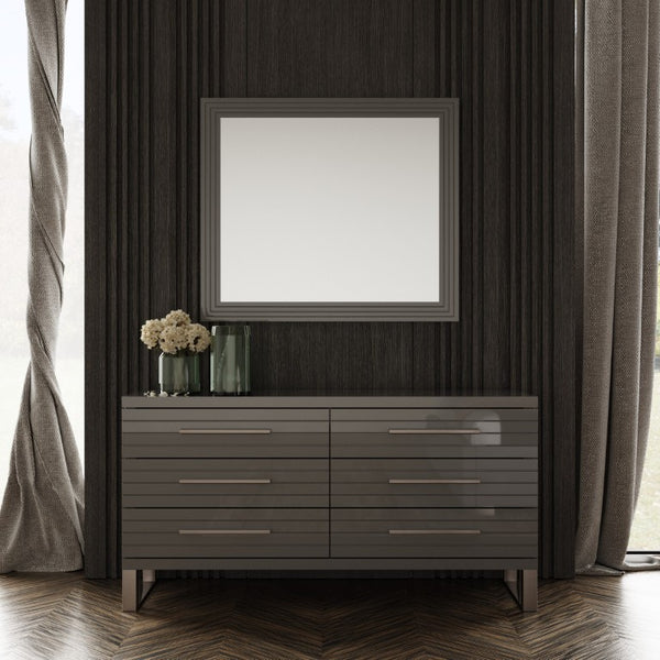 VIG Furniture Splendor Dark Grey High-Gloss Slatted Mirror With Gunmetal Accents — Sleek 41"X35.5" Modern Focal Point VGVCJ20256-M-GRY-MIR