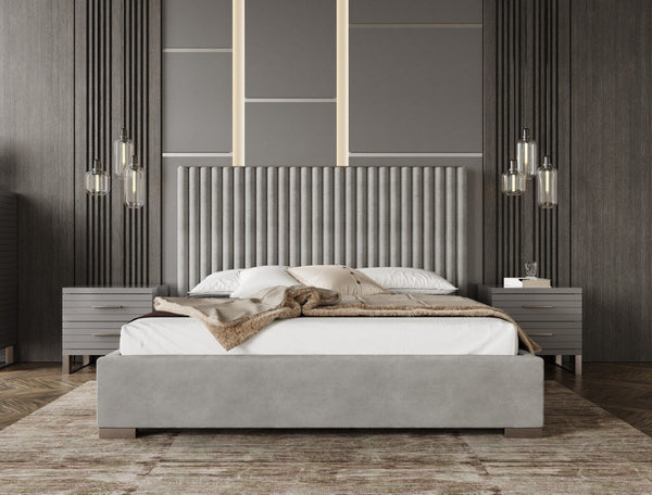 VIG Furniture Splendor Plush Grey Velvet King Platform Bed With High Headboard, Dimensional Stripe & Silver Accents VGVCBD20256-BED-EK