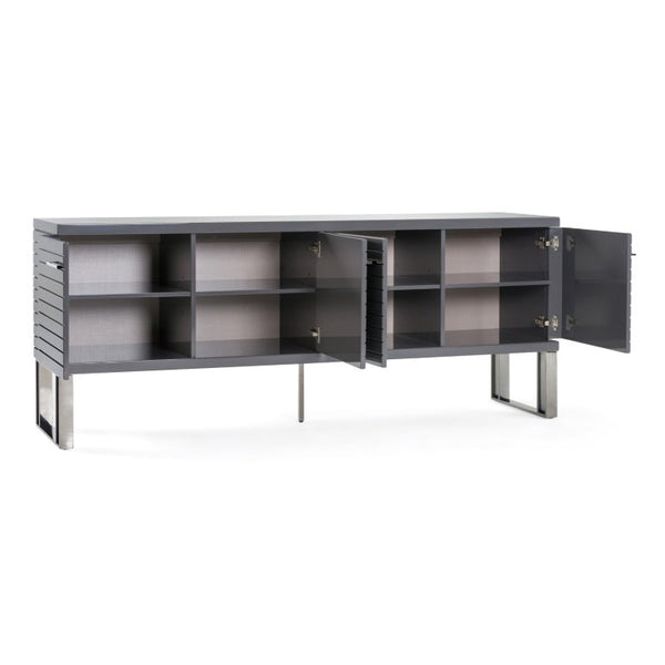 VIG Furniture Splendor Modern Grey High-Gloss Buffet With Slatted Front, Gunmetal Accents & Adjustable Shelves VGVCG20256-GRY-BUF