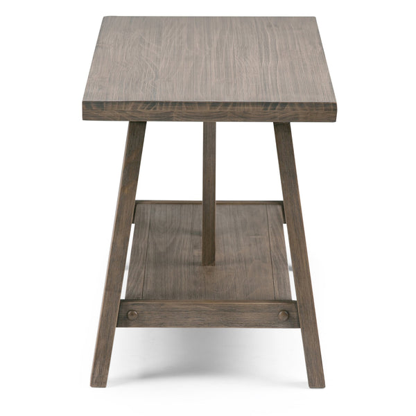 English Elm Dylan Driftwood Entryway Bench — Handcrafted Solid Wood, Trestle Support, 2-Seat, Shelf, Modern Industrial Design B136P158142