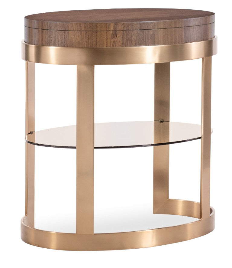 Hooker Furniture Eleana Sculptural Oval Nightstand In Light Caramel Walnut With Sunlit Bronze Accents & Floating Shelf 7252-90115-85