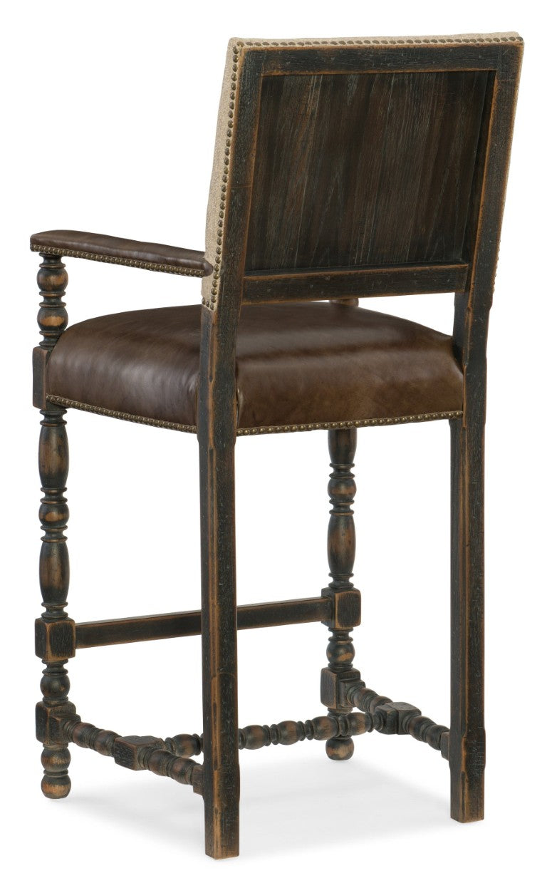 Hooker Furniture Comfort Barstool With Aniline Top-Grain Leather Seat, Woven Back, Solid Wood Frame, Vintage Charm 5960-20360-BLK