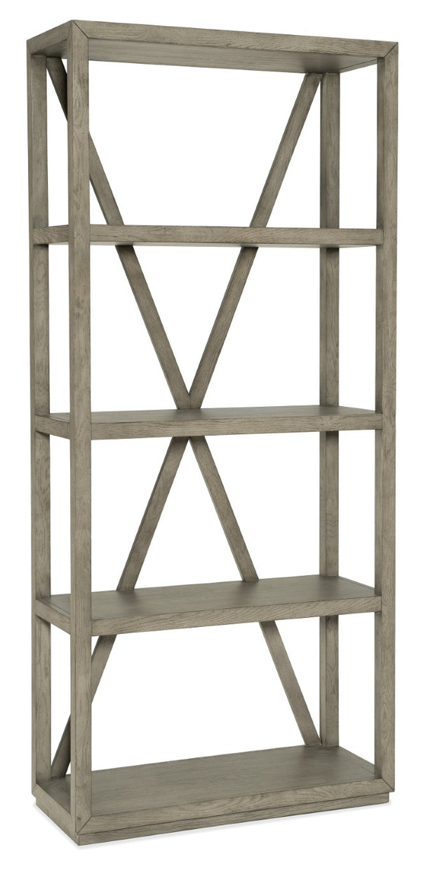 Hooker Furniture Linville Oak Veneer Etagere In Mink Finish With X-Back, 4 Fixed Shelves, Anti-Tip Hardware, 86"H 6150-50003-85