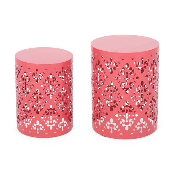 English Elm Metal Nesting End Table Set of Two with Floral Iron Cut Design for Living Room Coral 73604.00DCRL