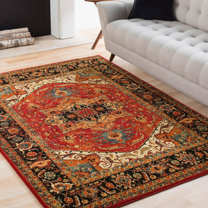 Livabliss Serapi Medallion Polypropylene Area Rug Low Pile Entryway Accent Turkish Woven Burgandy, Black 3'11" x 5'7" SRP1001-31157