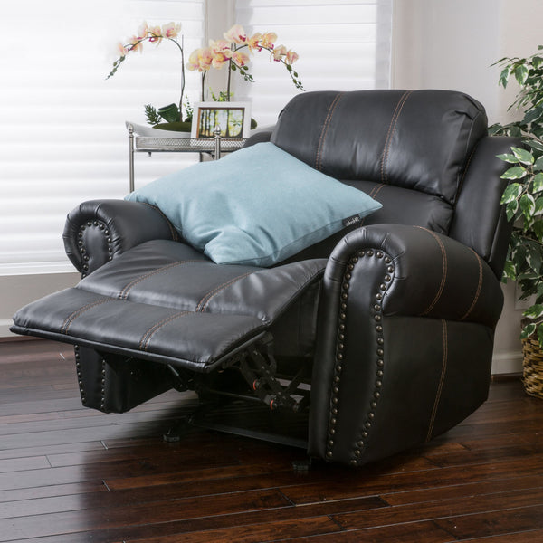 English Elm Christopher Knight Home® - GLIDING Recliner with Faux Leather Upholstery, Nailhead Trim, Foam Support and Pushback Comfort Black 57339.00PUBLK
