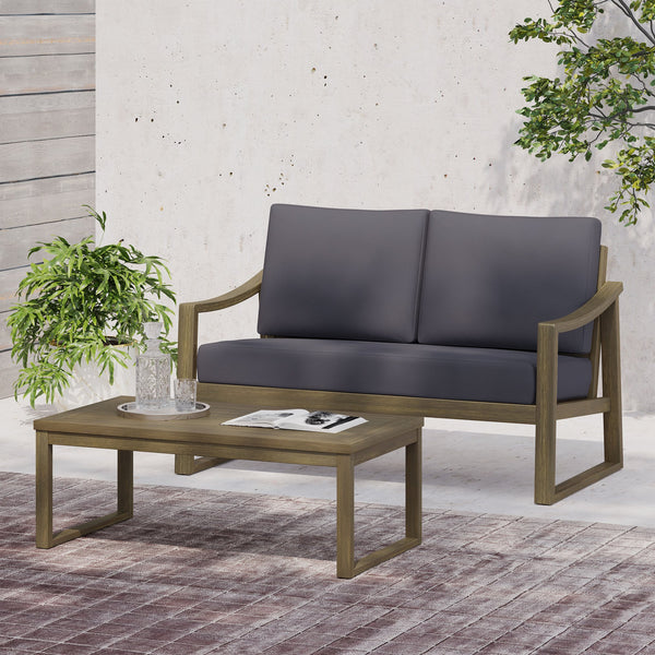 English Elm Christopher Knight Home® - 4 Acacia Outdoor Seating Set Dark Grey Cushions – 4-Person Slat Panel Sled Design, Water-Resistent 69678.00GDGRY-2_70137.00GDGRY