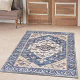 Nourison Brilliance Machine Washable WSB03 Machine Made Power-loomed Ornamental Border Indoor Only Vintage Bohemian Rug Denim, Denim 100% Polyester 99446914200