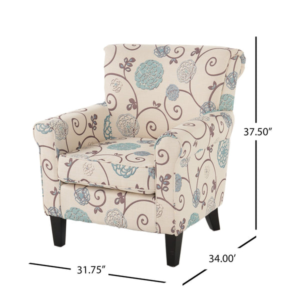 English Elm Jasmine Floral Upholstered Club Chair with Tapered Birch Legs and Tonal Piping Detail 52052.00WBLU