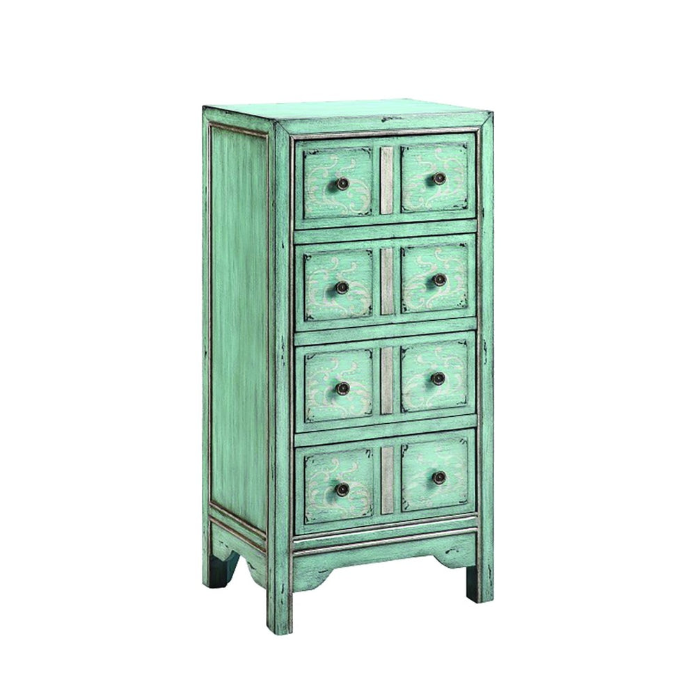 Atlas Evelyn Chest: Vintage-Inspired Apothecary Storage in Surf Blue with Elegant Gray Scroll Design ST11029-01