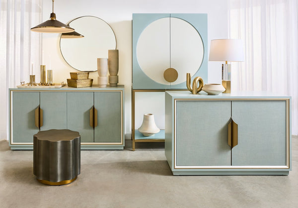 Atlas Gabe Bar Cabinet - Stylish Light Blue Storage with Sculptural Design, Brass Accents & Mid-Century Charm ST11033-01