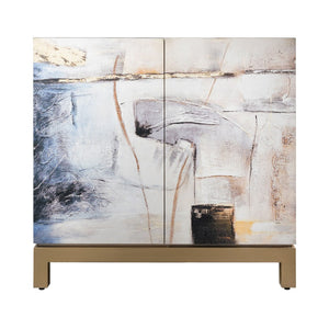 Atlas Gianas Cabinet - Chic White Storage with Abstract Canvas Art & Champagne Base for Modern Spaces ST11037-01