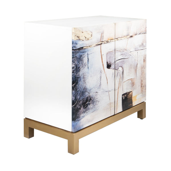 Atlas Gianas Cabinet - Chic White Storage with Abstract Canvas Art & Champagne Base for Modern Spaces ST11037-01