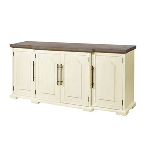 Atlas Locksmith Credenza - Elegant 4-Door Cream Storage Solution with Millstone Oak Top & Metal Accents ST11053-01