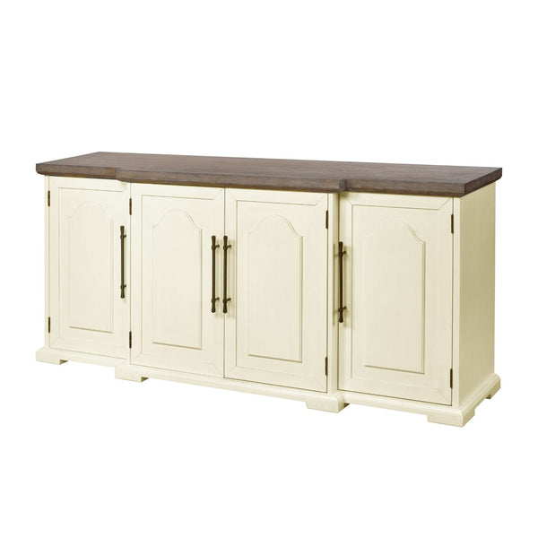 Atlas Locksmith Credenza - Elegant 4-Door Cream Storage Solution with Millstone Oak Top & Metal Accents ST11053-01