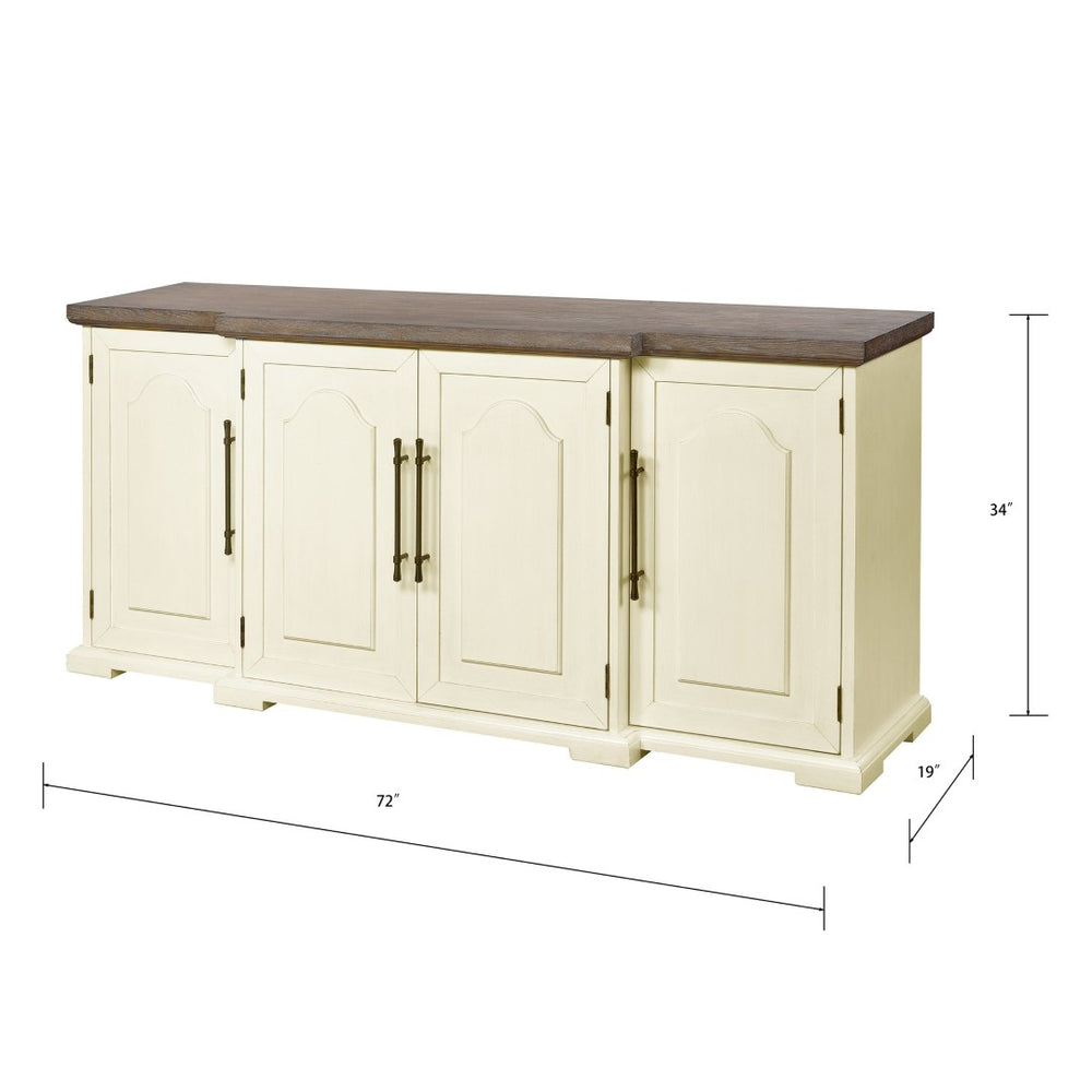 Atlas Locksmith Credenza - Elegant 4-Door Cream Storage Solution with Millstone Oak Top & Metal Accents ST11053-01