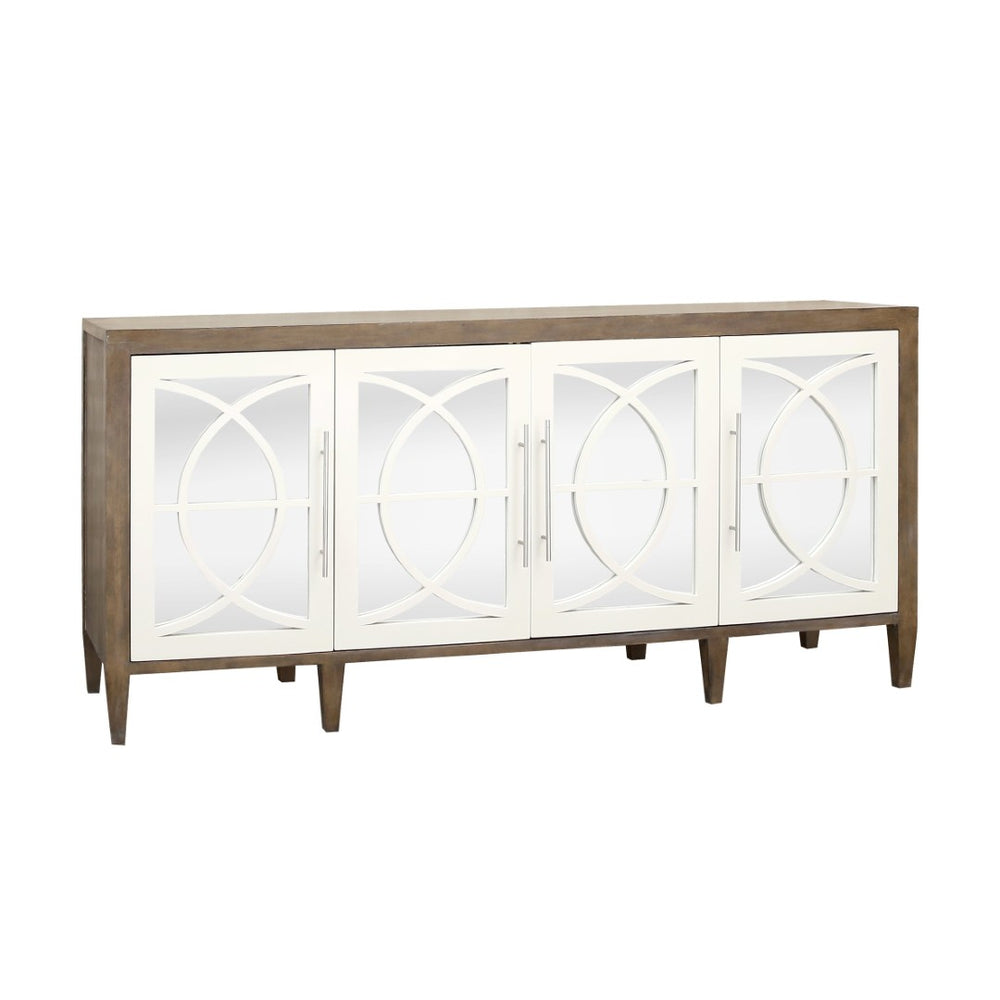 Atlas Zoran Credenza: Chic Mirror-Panelled Storage Solution with Rustic Mahogany & Elegant White Wood Accents ST11096-01
