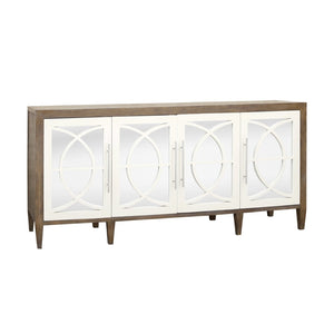 Atlas Zoran Credenza: Chic Mirror-Panelled Storage Solution with Rustic Mahogany & Elegant White Wood Accents ST11096-01