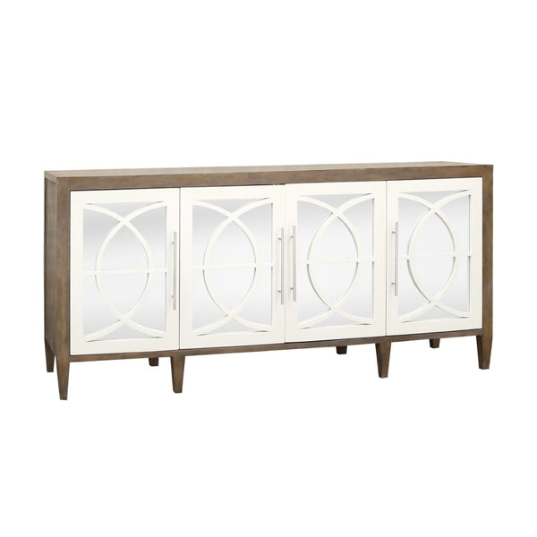 Atlas Zoran Credenza: Chic Mirror-Panelled Storage Solution with Rustic Mahogany & Elegant White Wood Accents ST11096-01