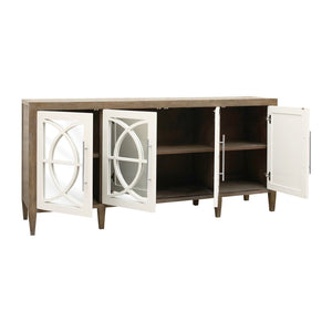 Atlas Zoran Credenza: Chic Mirror-Panelled Storage Solution with Rustic Mahogany & Elegant White Wood Accents ST11096-01