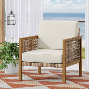 English Elm Christopher Knight Home® - Joliet Teak Acacia Wood Outdoor Club Chair with Woven Wicker Accents, Weather-Resistant 400lb Capacity 70146.00BGE