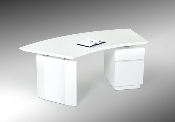 Vig Furniture Modrest Stanford Stylish White Office Desk With Crescent Top & Stainless Steel Drawers For Organization White  Vgvcbt022-wht